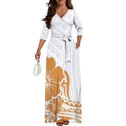 Women'S Belt Skirt Samoa Island Custom Autumn New Women'S Long Sleeve V-Neck Design Waist Strap Long Dress Tribal Ethnic Style