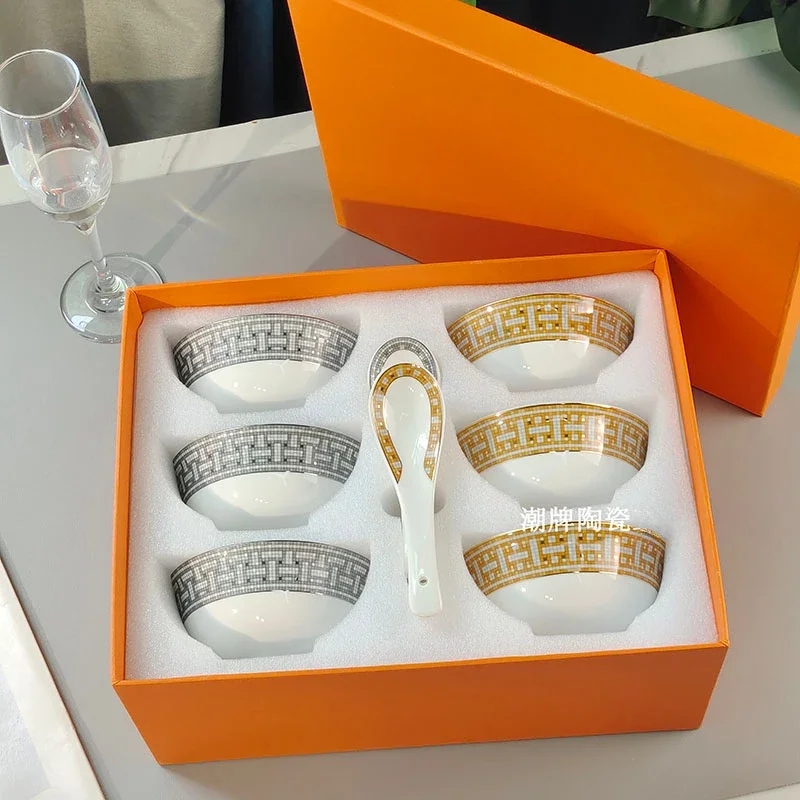 

6 Bowls and 6 Spoons European Household Gold Silver Series Ceramic Bowl and Spoon Combination Simple Household Restaurant Gift