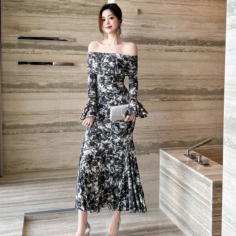 2024 autumn new women's French sexy one shoulder strapless slim fish tail dress printed long skirt