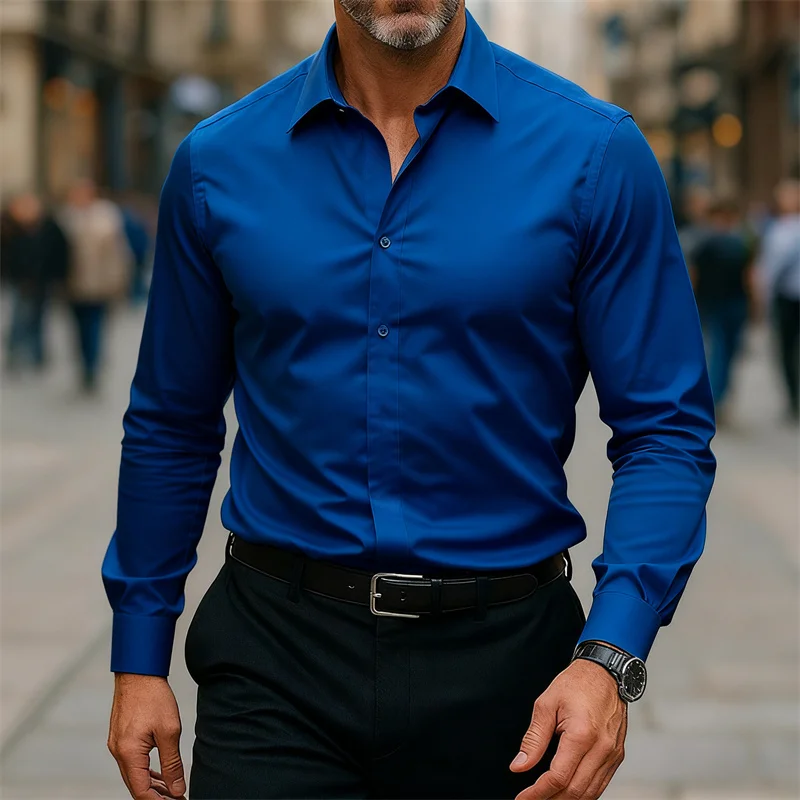 قميص رجال الأعمال، لون خالص، بأكمام طويلة، قصة ضيقة، خالي من التجاعيد، قميص رسمي احترافي، متوفر بألوان متعددة #5