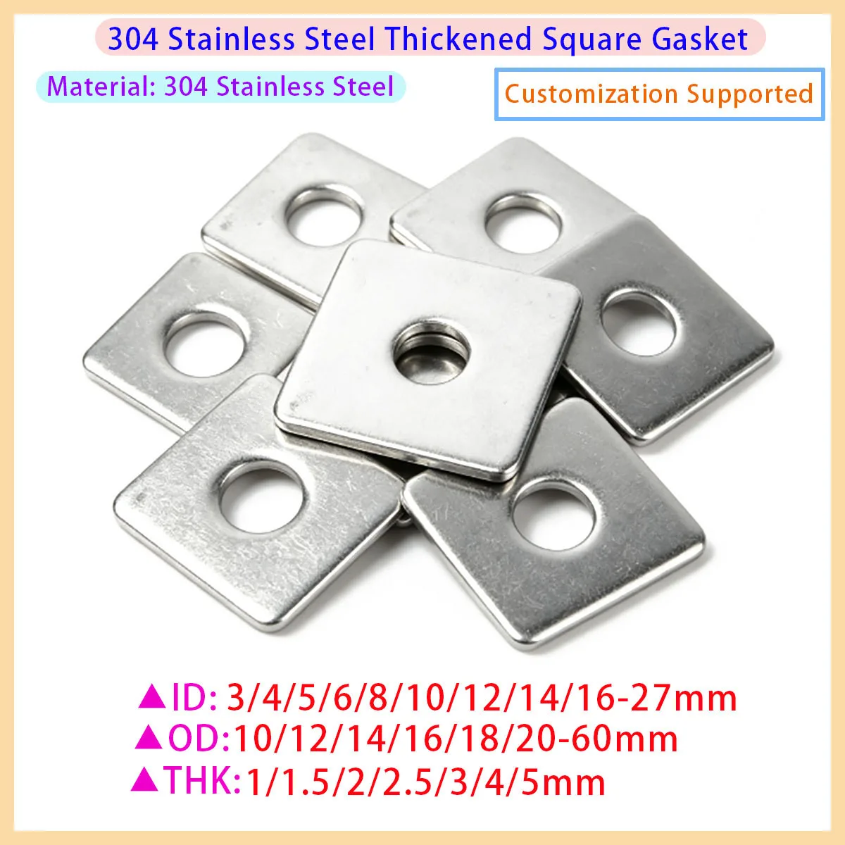 304 Stainless Steel Square Washer Flat Washer 1-20Pcs M3 M4 M5 M6 M8 M10 M12 M14 M16 M20