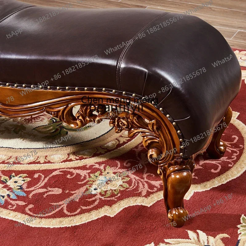 32European first layer leather bedside stool full wood carving flower, bench American bedside stool