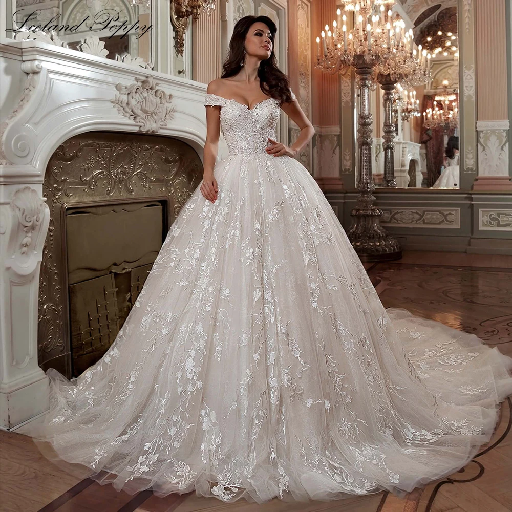 Lceland Poppy Customized Boat Neck Ball Gown Lace Wedding Dresses Off the Shoulder Beaded Bridal Gowns with Chapel Train