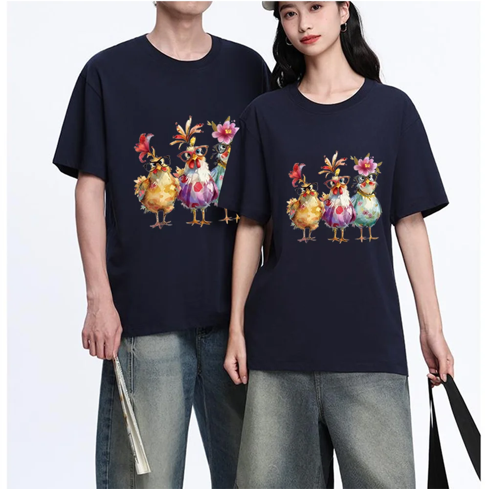 Cute Chicken With Glasses And Flowers Printed T Shirt Breathable Fabric S-XXL Personalized Custom Casual Short Sleeve Tee Aesthe