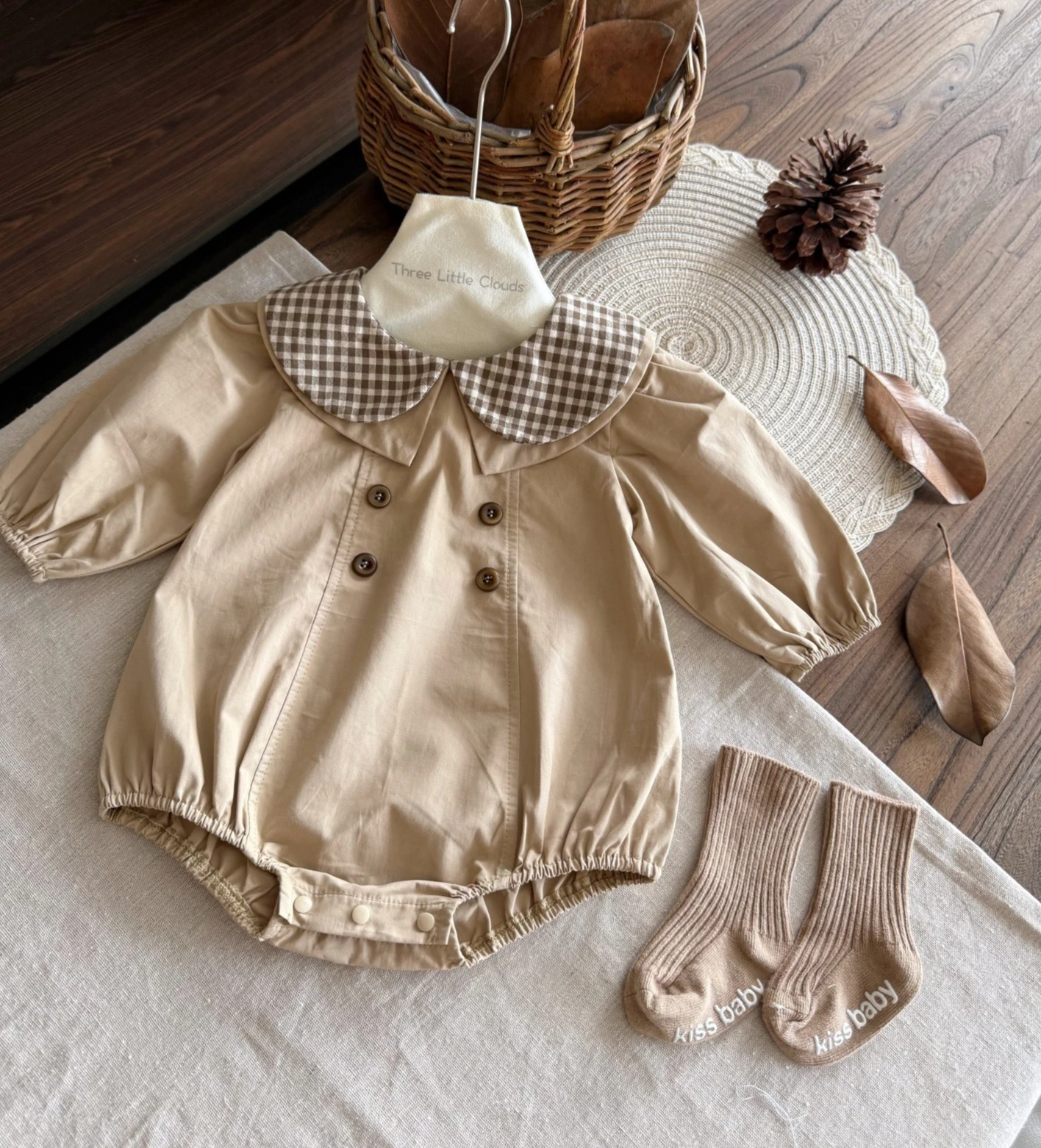 Baby Spring and Autumn Girls Baby Retro Peter Pan Collar Korean Fashionable Checkered Rompers Bag Fart Clothes
