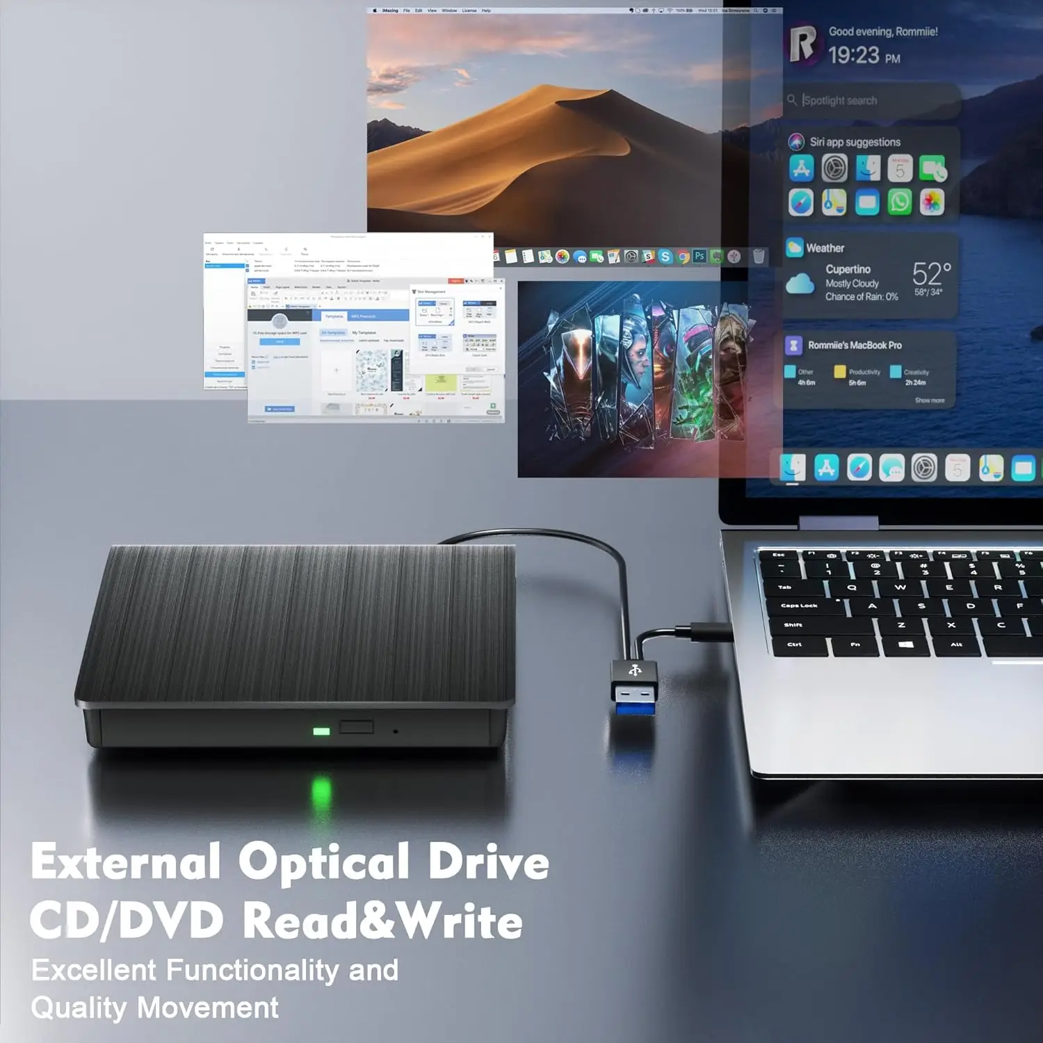محرك أقراص DVD خارجي، 2 في 1 USB 3.0 Type-C موقد أقراص مضغوطة محمول، CD ROM +/-RW مشغل أقراص مضغوطة خارجي لسطح المكتب والكمبيوتر المحمول #2