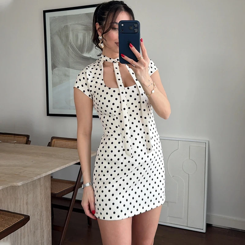 

TARUXYPolka Dot Cutout Mini Dress Women Lace Up Sleeveless Slim Elegant Banquet Dress 2026 Summer New Party Fashion Dress Female