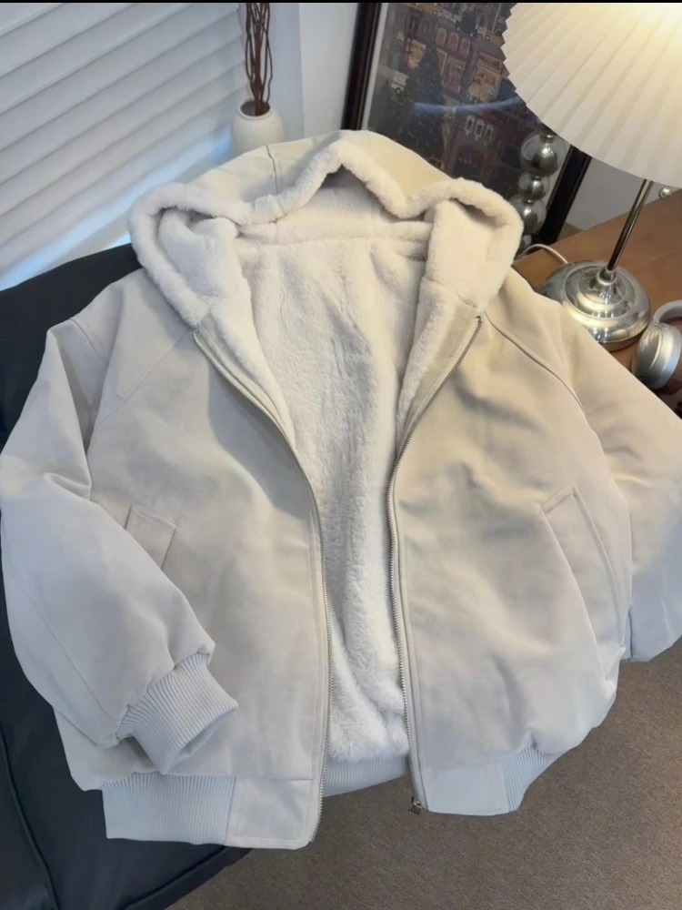 Lamb Wool Thick Hooded Cotton Coat Women Winter New Plush Jacket Loose Fit Warm Outerwear in Light Khaki Casual Cozy Style