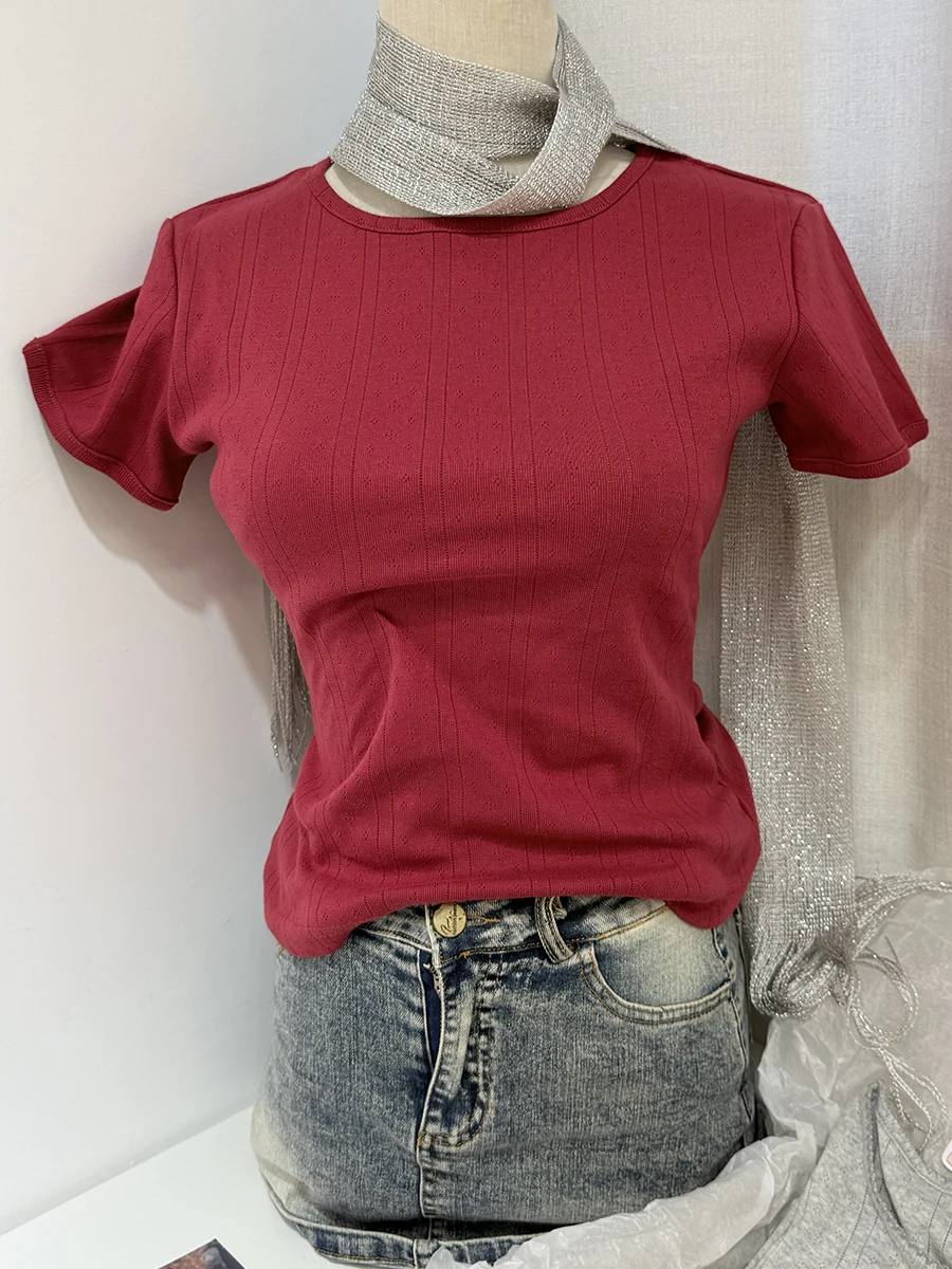 

Красные футболки с круглым вырезом и короткими рукавами, женские новые повседневные тонкие хлопковые простые топы Baisc, винтажные универсальные футболки, топ Y2K