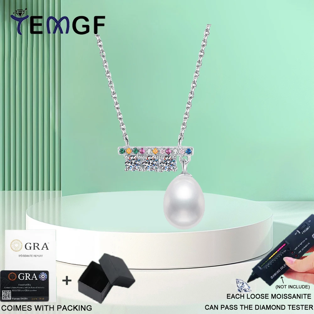 

TEMGF 925 Sterling Silver Necklace 3mm Moissanite 8.5-9mm Freshwater Pearl Pendant for Women Elegant Fashion Fine Jewelry Gifts