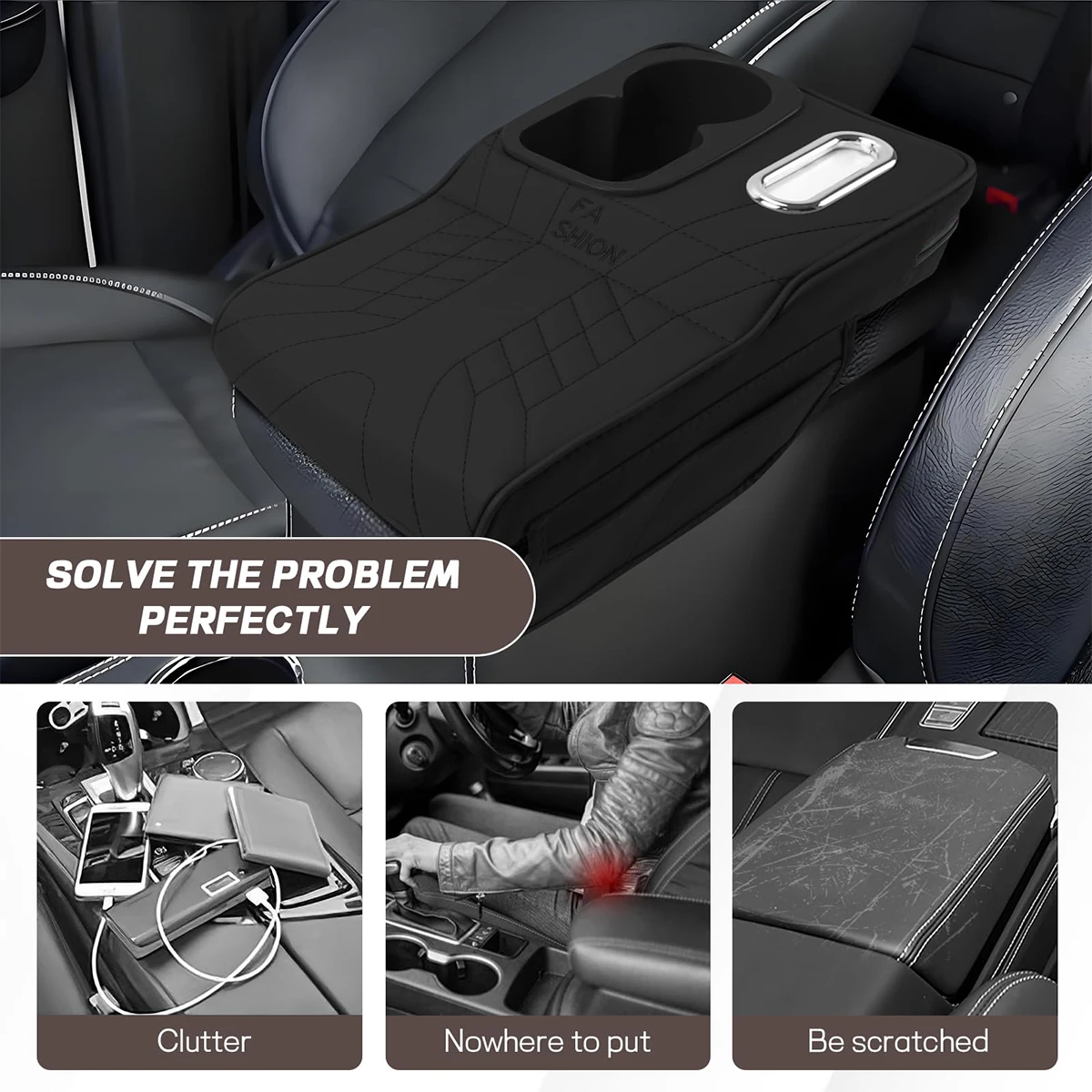 Multifunctional Car Armrest Cushion, Center Console Cover with Tissue Holder, Cup Slot and Side Pockets view 6