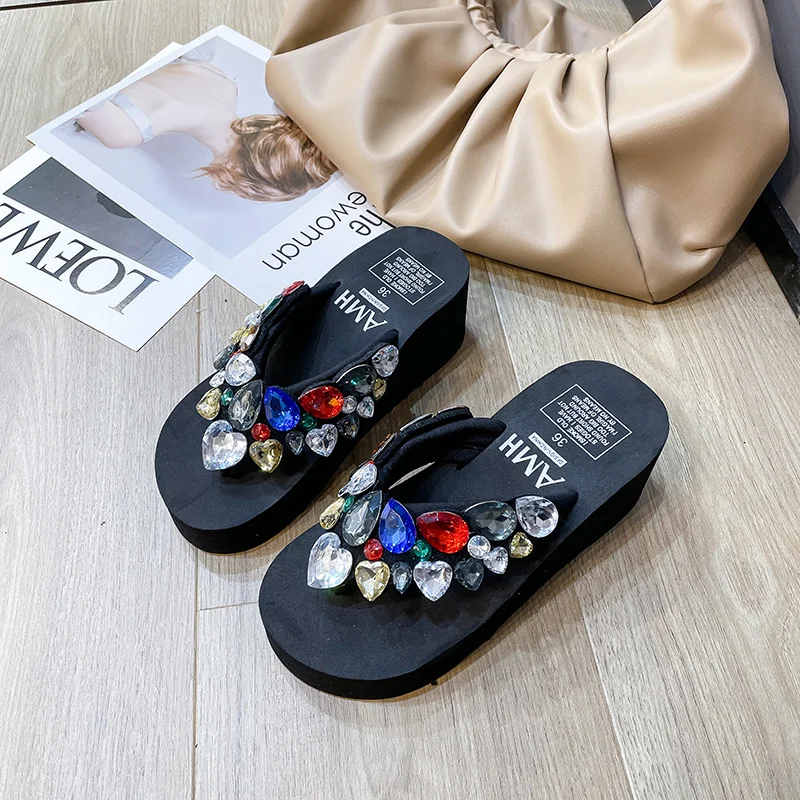 New Sandals Women Summer Fashion Holiday Beach Shoes 2023 Wedge Heel Rhinestone Platform Flip-Flops Flat Bottom