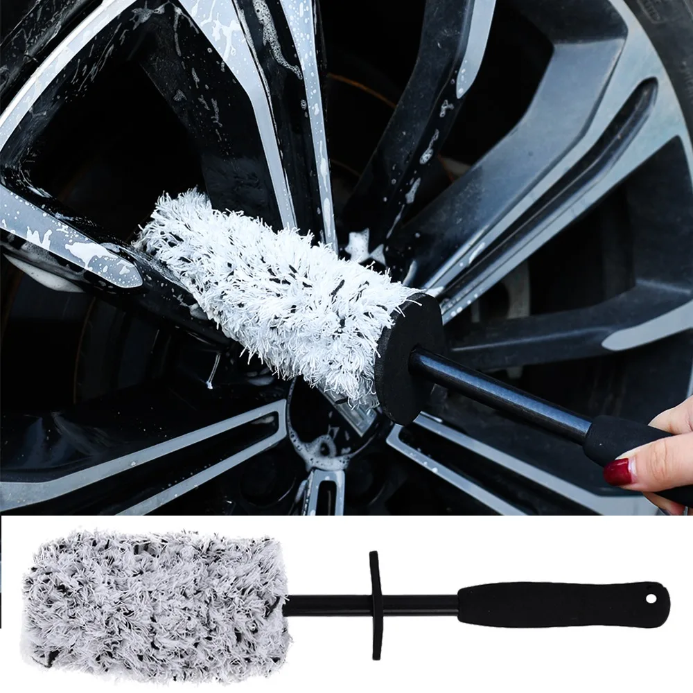 

Microfiber Car Tire Cleaning Brush Flat Head Sponge Soft Long Plush Non-Slip Handle Wheel and Rim Universal Detailing Brush