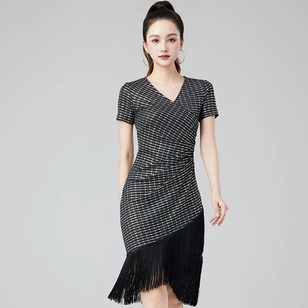 

Самба бальные танцы с v-образным вырезом женские блестки новое платье для соревнований по латинским танцам ярко-серебристое с коротким рукавом