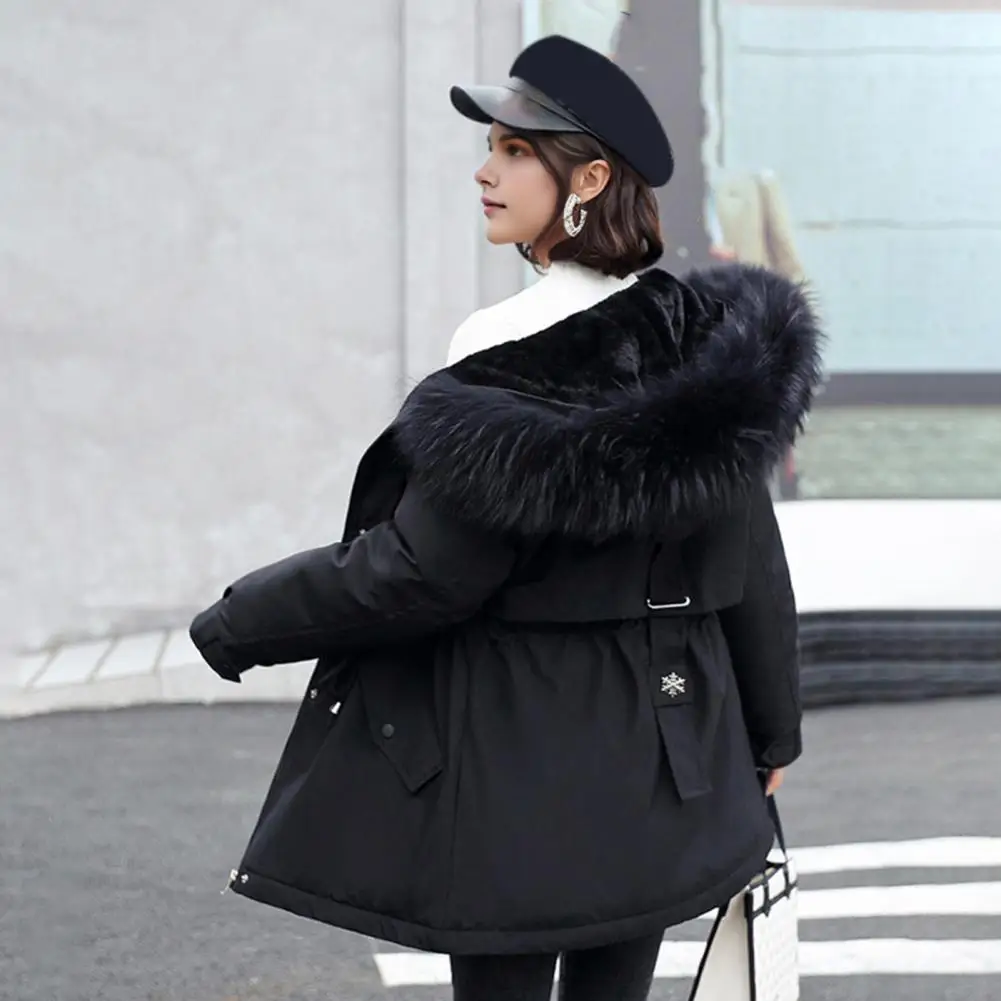 Winter Women Furry Hood Parka Jacket Thickened Drawstring Waist Oversized Velvet Windbreaker Mid Length Warm Long Coat Outerwear