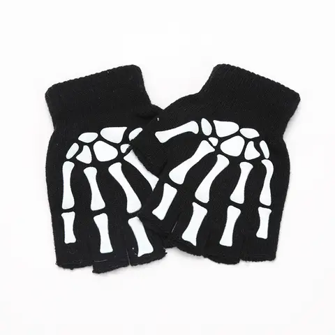 New Adult Kids Halloween Skeleton Skull Half Finger Luminous Punk Gloves Winter Skull Fingerless Black Mitten