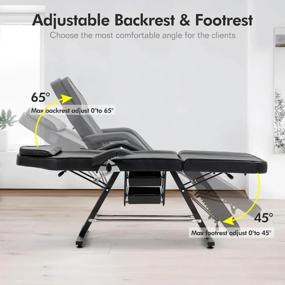 Professional Folding Massage Table Spa Salon Bed Chair with Hydraulic Stool, Tattoo Chair, Adjustable Facial Chair Bed, Black