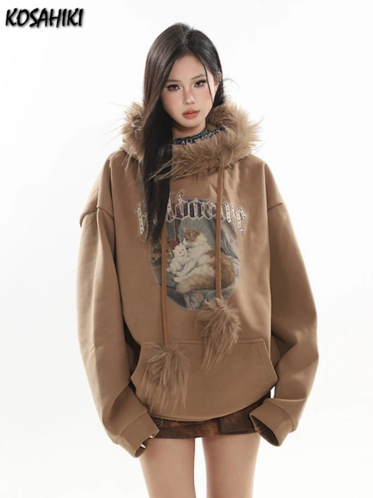 

Streetwear Casual Fur Patchwork Hooded Hoodies Women Y2k Aesthetic Cartoon Printing Oversized Hoody Grunge Pocket Sweatshirts