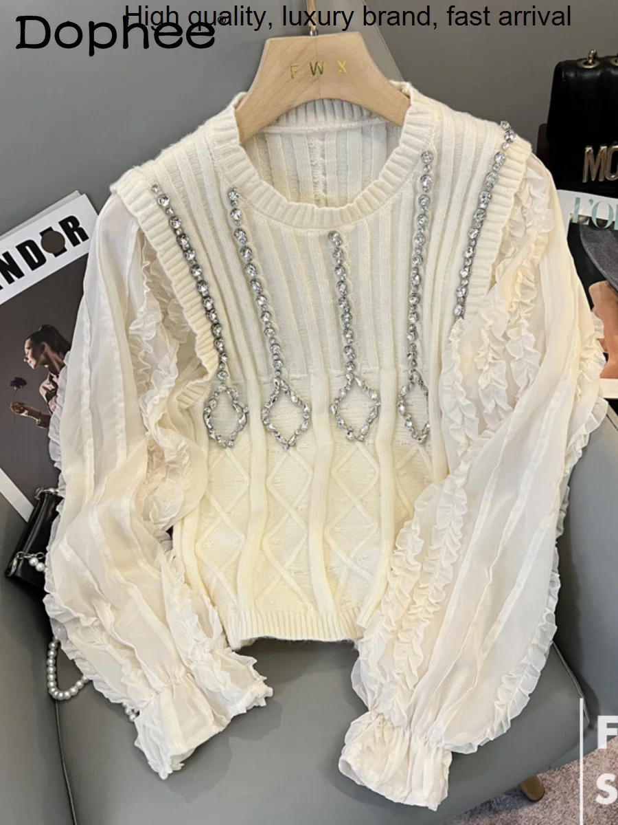 

Fake Exquisite Rhinestone Two-Piece Knitted Women 2023 New Spring Wooden Ear Stitching Chiffon Long Sleeve Sweater Top