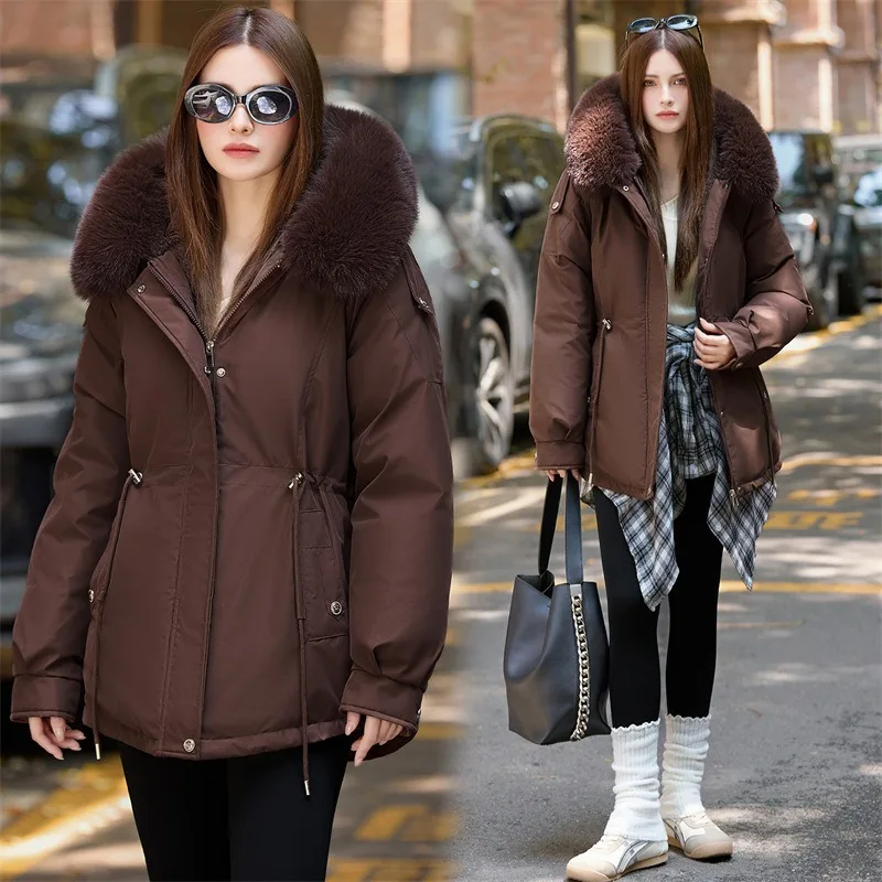 Winter Jacket 2026 New Women Parka Clothes Mid Length Coat Wool Liner Hooded Jacket Fur Collar Thick Warm Snow Wear Padded Parka