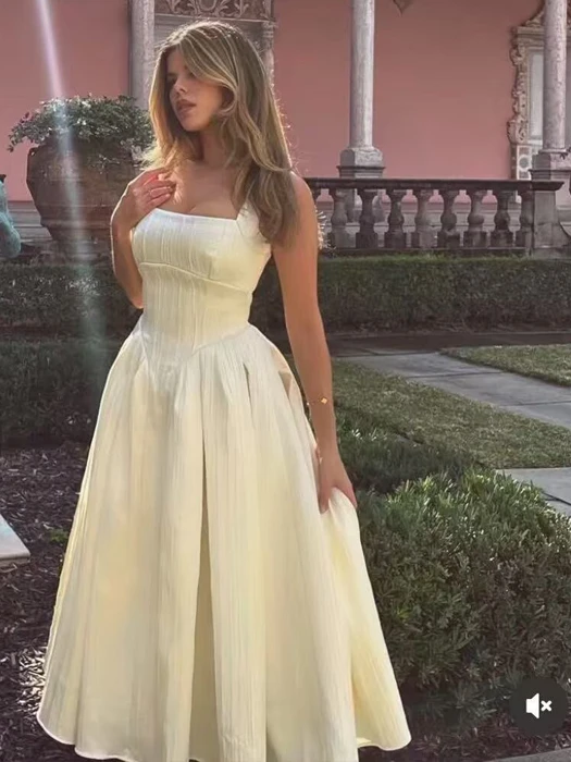 

Ele High Waist A-Line Midi Dr Glossy Texture Belted Knee-Length Strapl Gown Polyester Fabric Summer Faion Dr