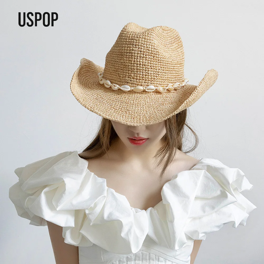 

Женская ковбойская шляпа из рафии ручной работы USPOP – летняя пляжная шляпа в стиле бохо с декором из ракушек для отдыха на природе