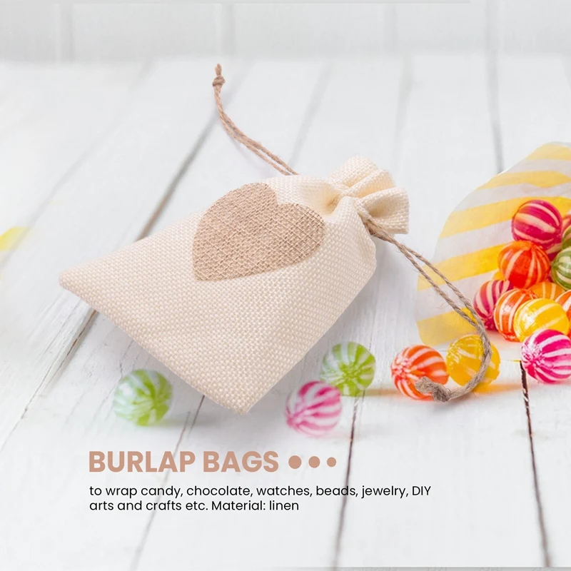 Burlap Bags, 20Pack 4X5.5Inch Drawstring Heart Burlap Gift Bag Candy Pouches Linen Pockets For Valentine's Day Christmas