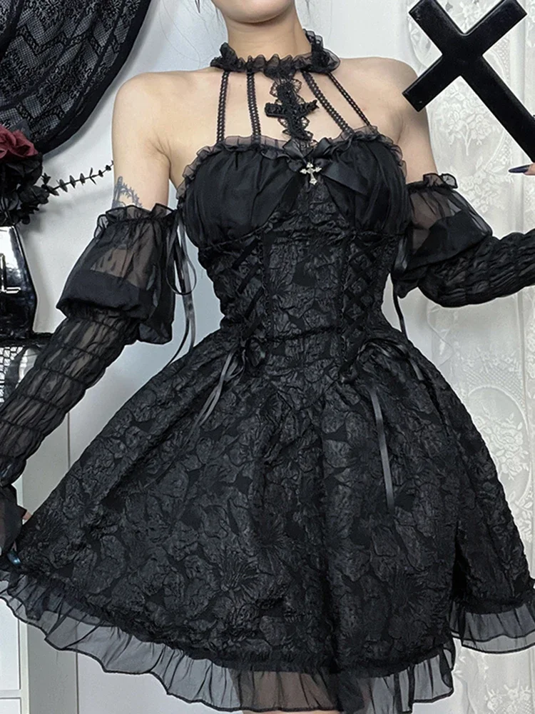 AltGoth Hotsweet Dark Gothic Dress Women Elegant Streetwear Y2k E-girl Gauze Patchwork Halter High Waist Corset Dress Princess