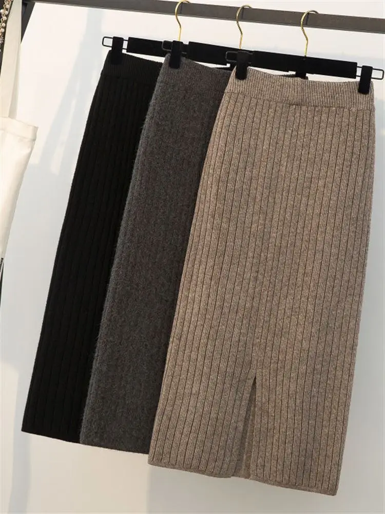 Fashionable Knitted Mid-Length High-Waisted Bodycon Skirt with Slit for Women Autumn New Arrival Slimming Effect