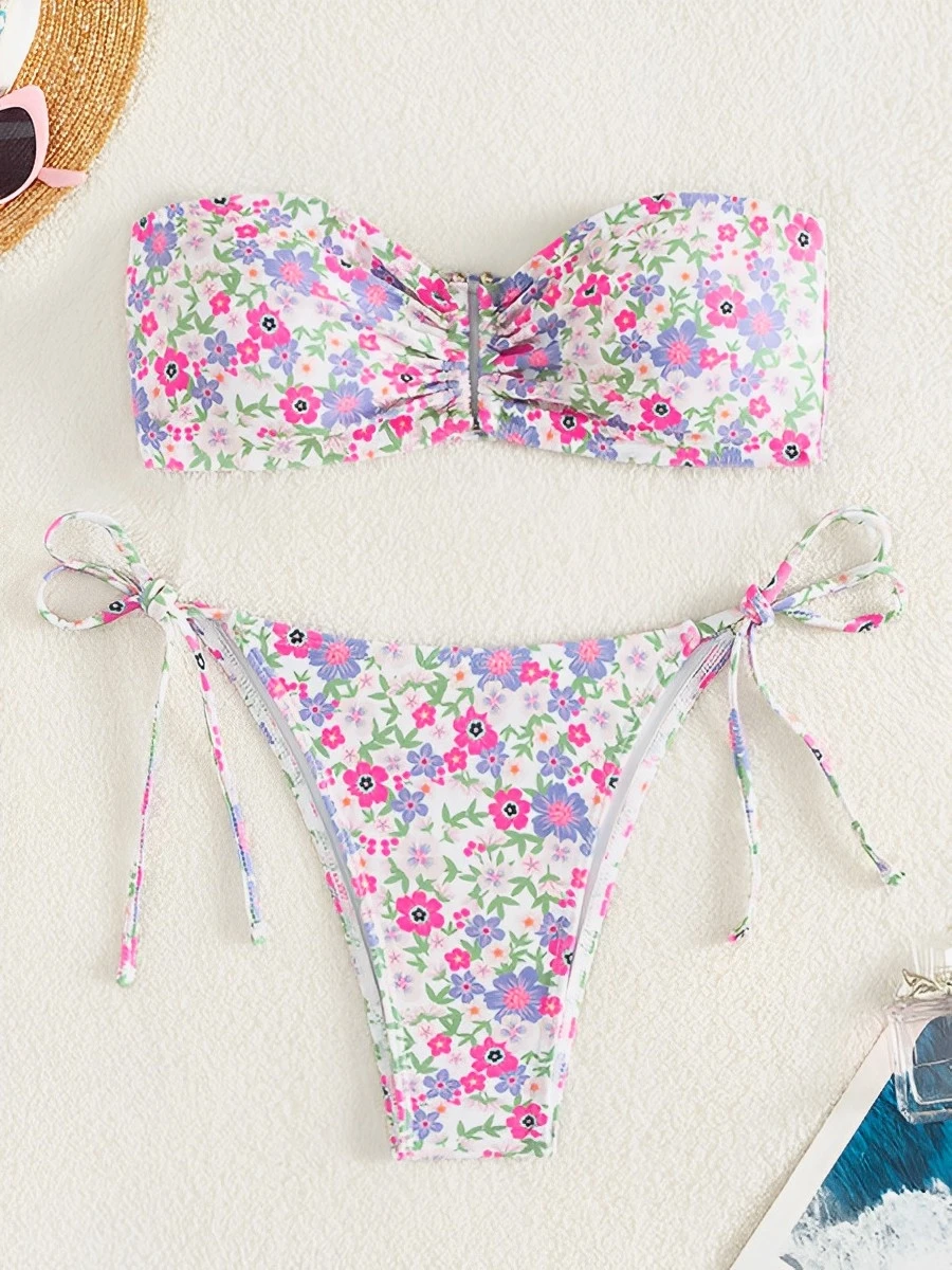 2026 Strapless Floral Bandeau Bikini U Wire Swimsuit Women Sexy Swimwear Female Bathers Bathing Swimming Swim Suit Beachwear