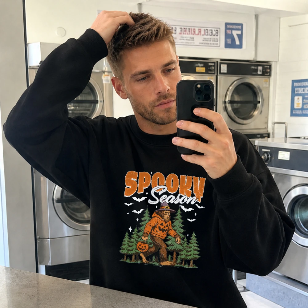 Mens Retro Spooky Season Crewneck Sweatshirt Bigfoot Witch Pumpkin Bat Forest Halloween Vintage Outdoor Pullover