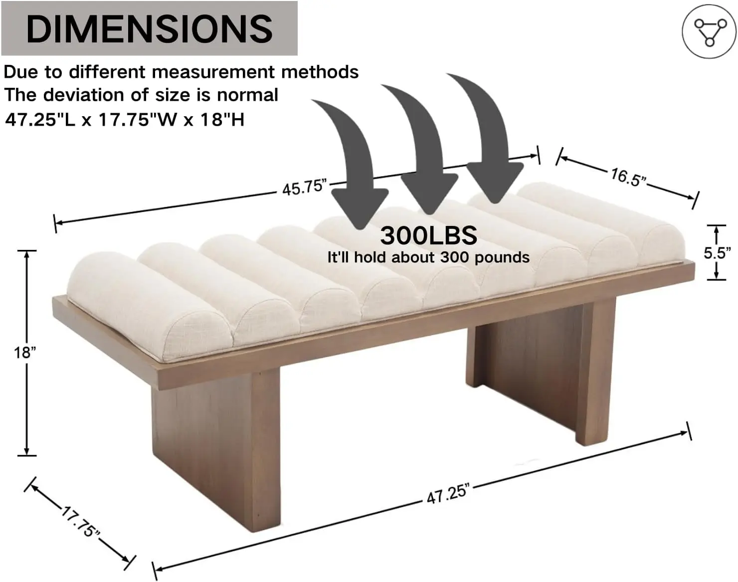 Banco de dormitorio moderno, banco de cama tapizado de 47 pulgadas, banco de entrada acolchado con cojín cilíndrico/patas de madera, viento de madera