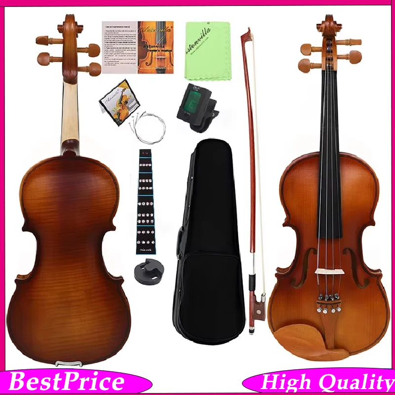 Astonvilla AV-213 Beginner Violin – Laminated Basswood Violin Tiger Stripe Pattern Jujube Wood Fittings Full Size 4/4 Fiddle