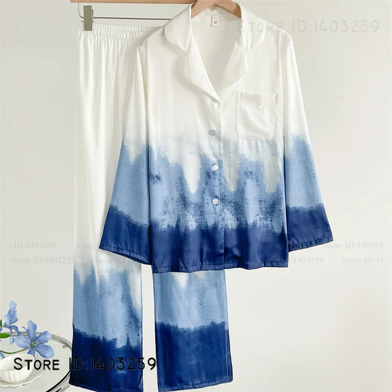 

Элегантный пижамный комплект из ледяного шелка, женская одежда для сна, домашняя одежда, градиентная белая, синяя домашняя одежда, ночная рубашка, брючные пижамы с длинными рукавами