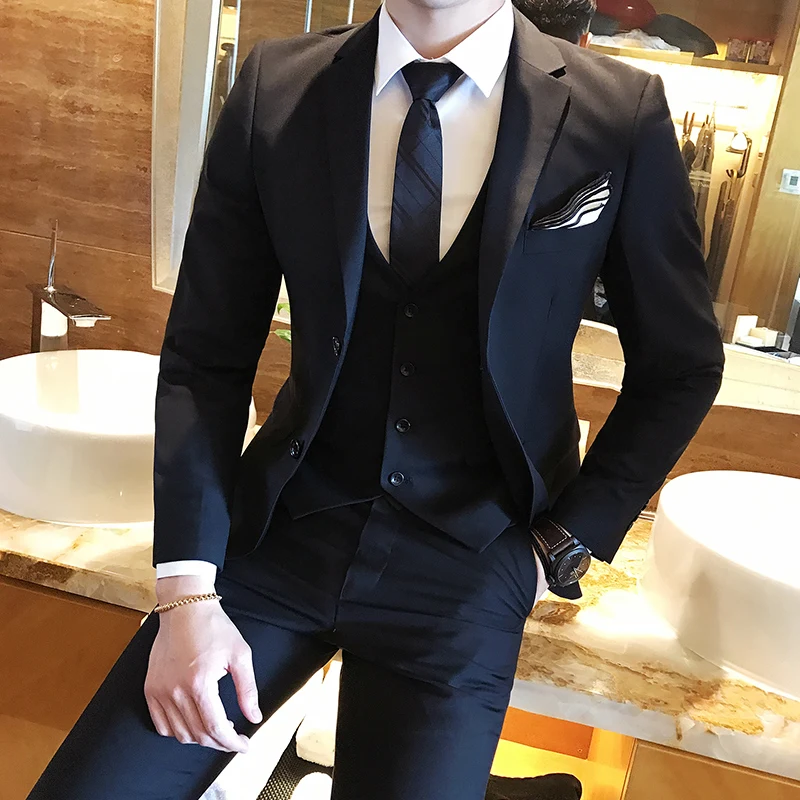 (Jacket+Pants+Vest) 3 Pcs Set Blazers Fashion New Men Casual Boutique Business Solid Color Wedding Suits Dress Coat Trousers