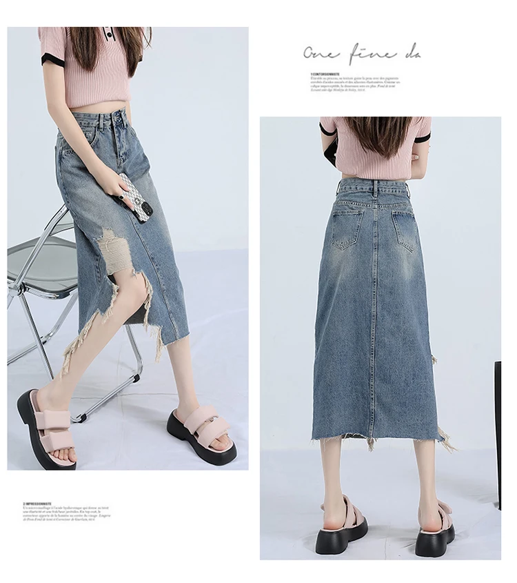 Korean Fashion New Distressed Ripped Denim Skirt Women Spring Summer Autumn Streetwear Harajuku Midi Jean Skirt Cheap Wholesale