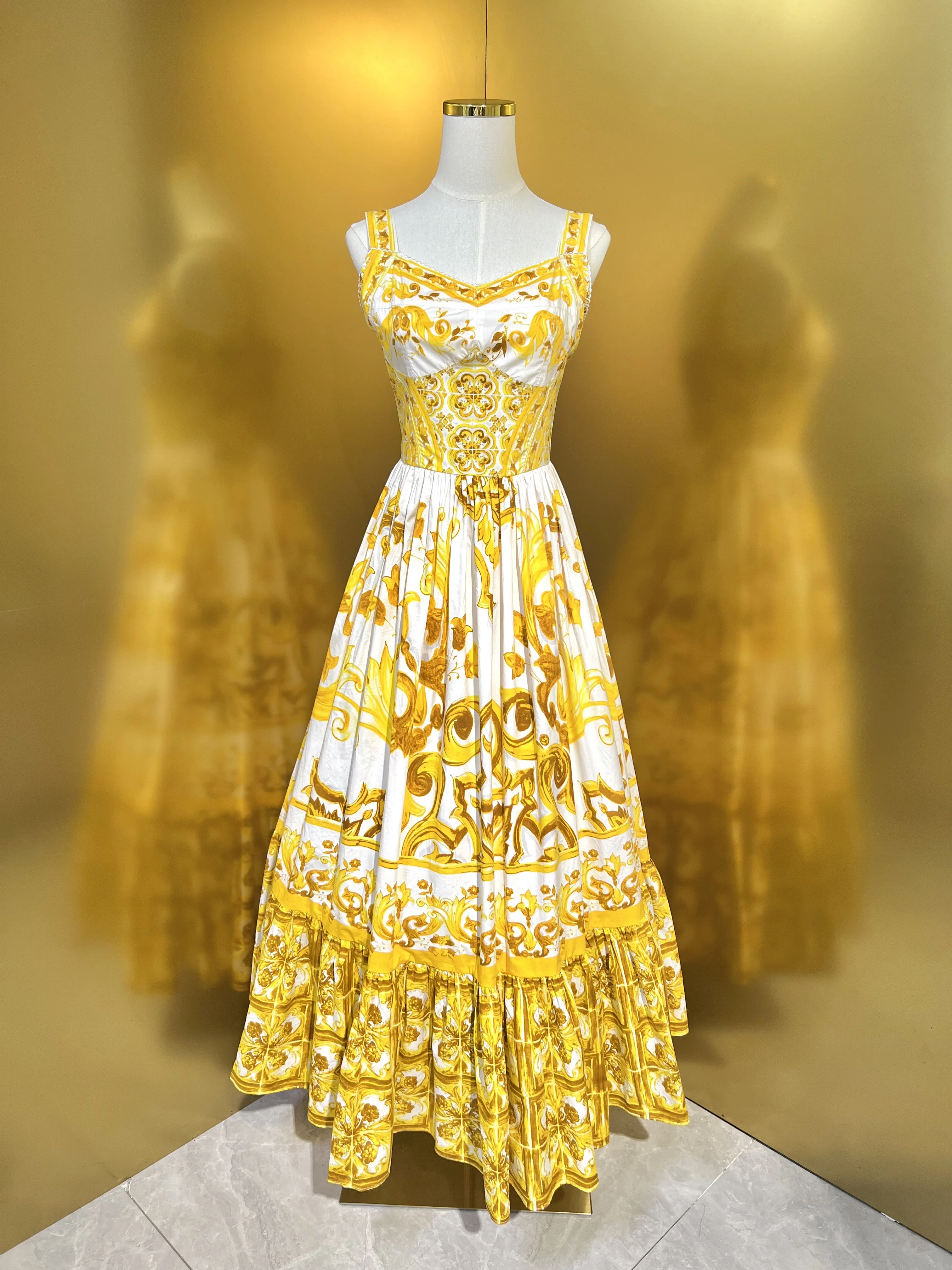 100% Cotton 2024 Summer Bohemian Women's Vintage Yellow Porcelain Print Luxury Dress