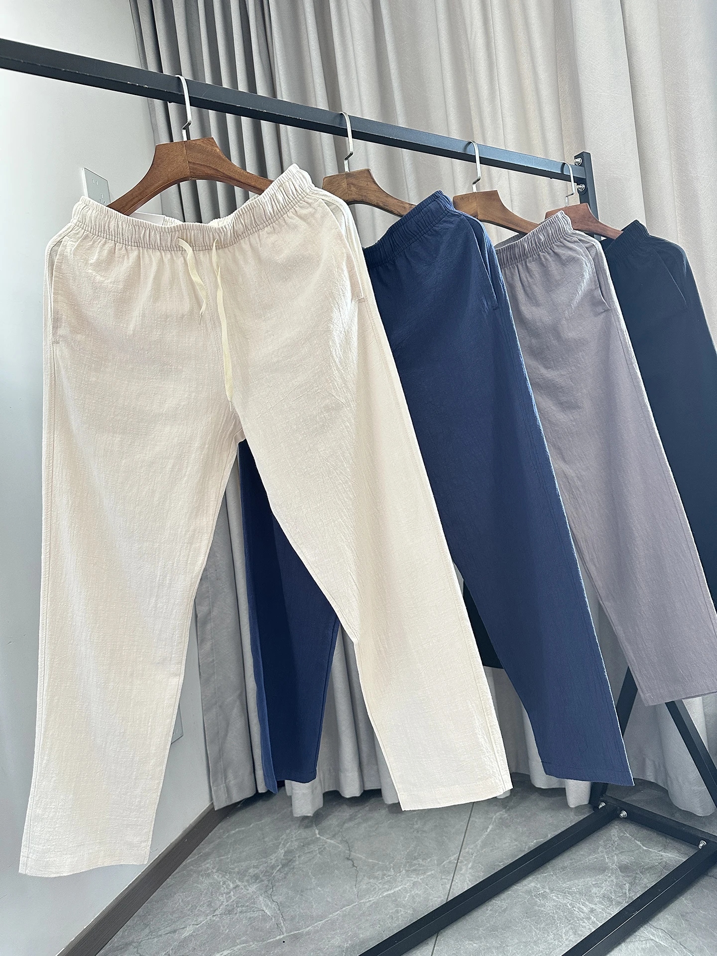 Men's Casual Straight Leg Pants Elastic Waist Cotton Linen Blend Comfortable Breathable Loose Fit Autumn Style Store Pickup