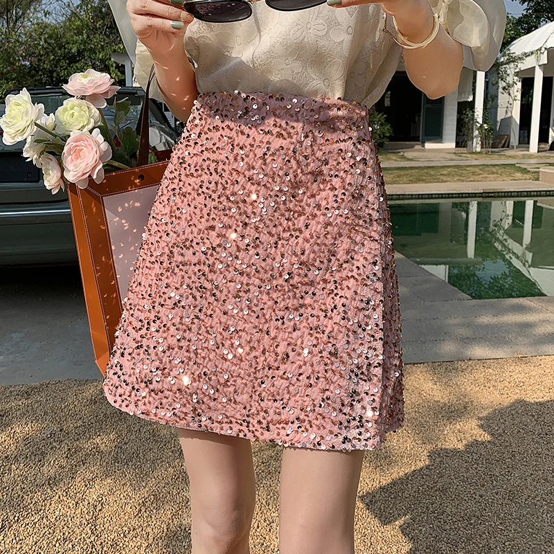 

2023 Spring Summer Sequin Skirt Women Fashion Vintage New High Wiast Slim Wrap Mini Skirts Female