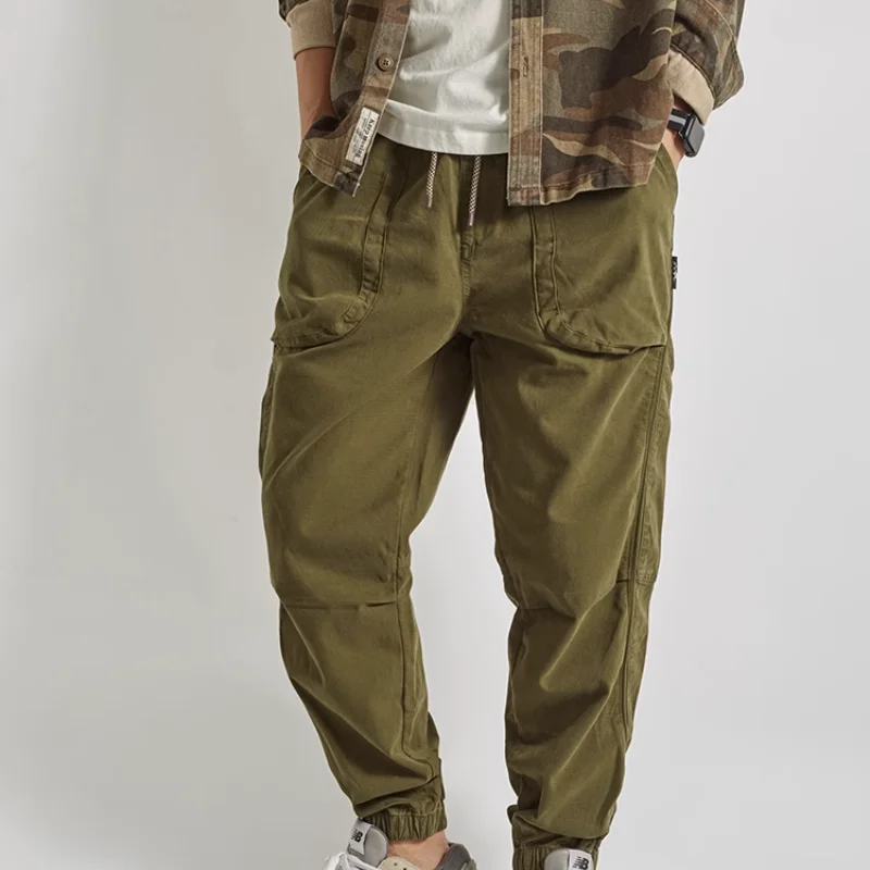 Retro Casual Pants with Elastic Woven Fabric for Men's Autumnal Functionality, Tie-Footed Simple Solid Color Work Pants