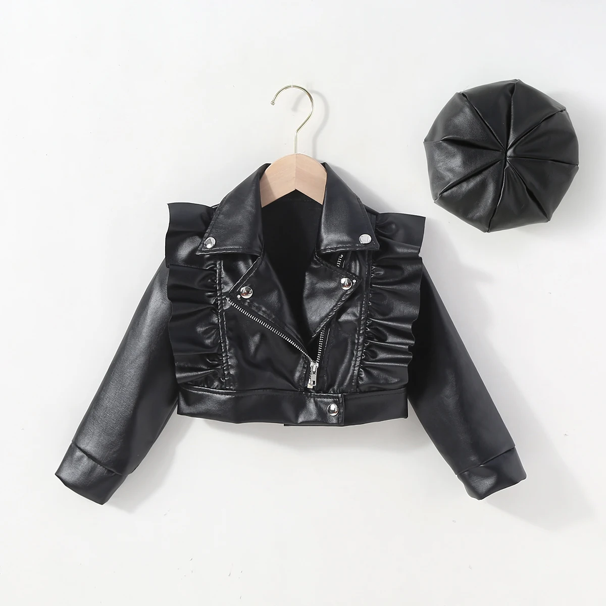 hibobi Toddler Solid Color Lapel Leather & Hat Baby Girl Spring Autumn Winter PU Coat Fashion Leather Jackets For Kid 1-6Y