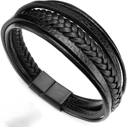 Mens Leather Bracelet with Magnetic Clasp Cowhide Multi-Layer Braided PU Leather Bracelets Gifts for Husband Dad Boyfriend