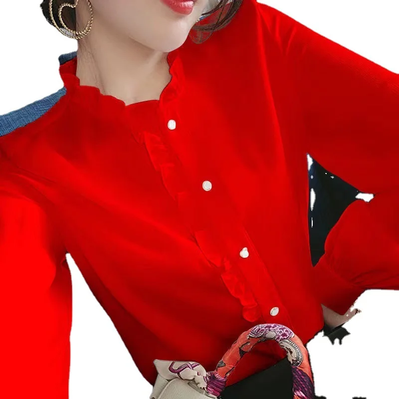 เสื้อแขนยาวผู้หญิงสไตล์ฝรั่งเศสผ้าฝ้ายเสื้อจีบกระดุมด้านหน้ากระเป๋าตกแต่งผู้หญิงสไตล์เรียบง่ายสไตล์พรีปปี้