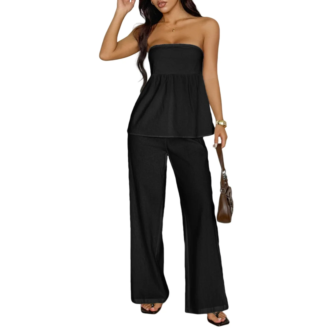 

Женские осенние шикарные брюки Y2K, комплекты костюмов, сексуальный топ без бретелек с прямыми брюками, одежда, повседневная одежда из двух предметов