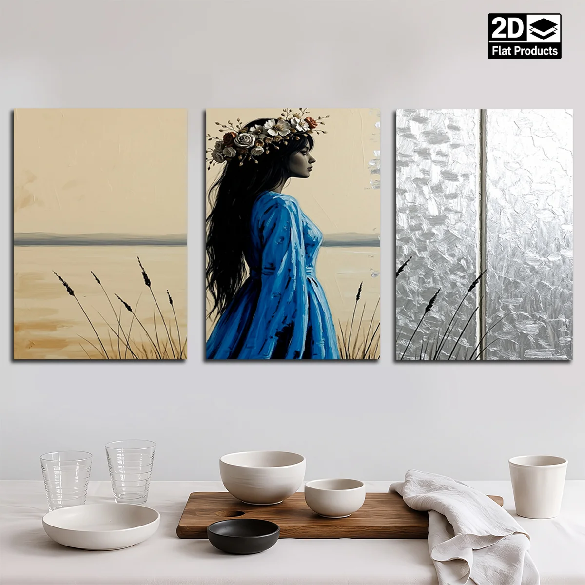 Frameless 3PCS 2D Decorative Painting - Canvas Painting - Three Panels: Left Beige Field, Middle Blue-dressed Woman With Flow