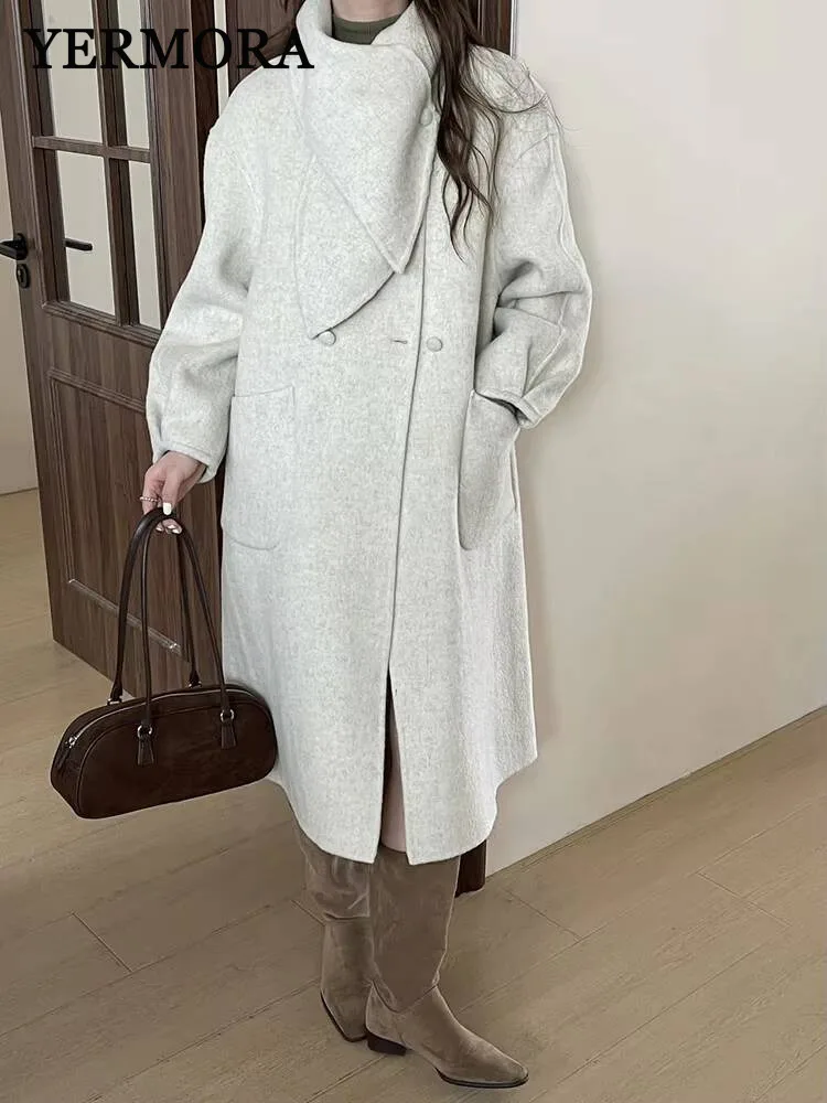 

YERMORA Women's Gray Detachable Scarf Woolen Coat O-neck Long Sleeve Loose New Overcoat Fashion Tide Autumn Winter 2025