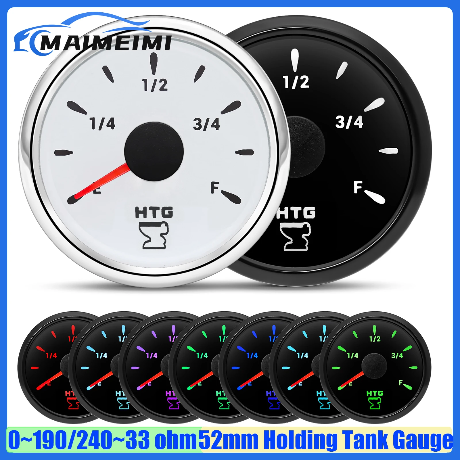 7 Color Backlight 52mm HTG Holding Tank Gauge Waterproof Waste Sewage Level Meter Indicator for RV Boat Marine Yacht 12V 24V