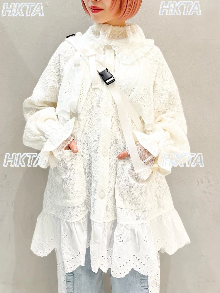 Vestido de manga larga con volantes y encaje bordado japonés para mujer, novedad de otoño, vestido camisero holgado de talla grande con cuello con volantes