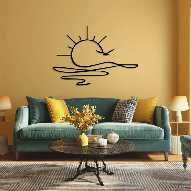 Minimalist Metal Sunrise Wall Art Decoration - Black silhouette design，Contains seagull and wave patterns