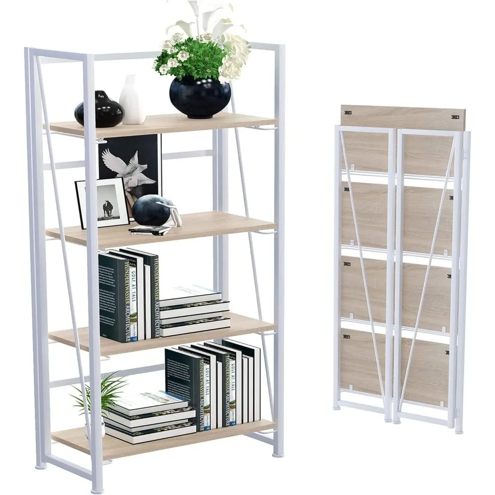 

Bookshelf,No Assembly Required Folding Bookshelf Storage Rack 4 Layers Retro Multifunctional Plant Flower Rack Bookshelf (White)